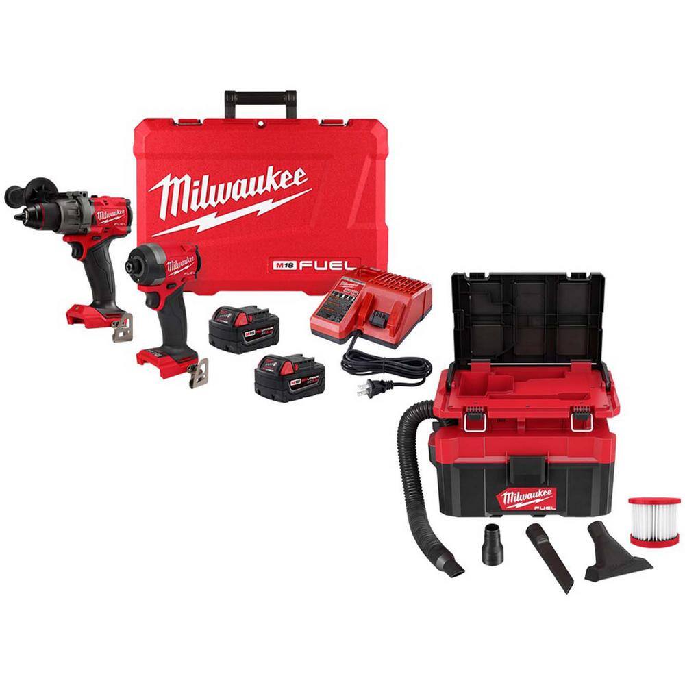 MW M18 FUEL 18V Lithium-Ion Brushless Cordless Hammer DrillImpact Driver Combo Kit wM18 Packout 2.5 Gal WetDry Vacuum 3697-22-0970-20