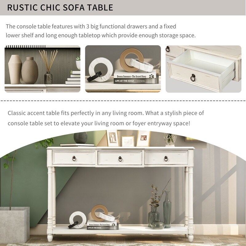 Rustic Solid Wood Console Table with Projecting Drawers and Long Shelf