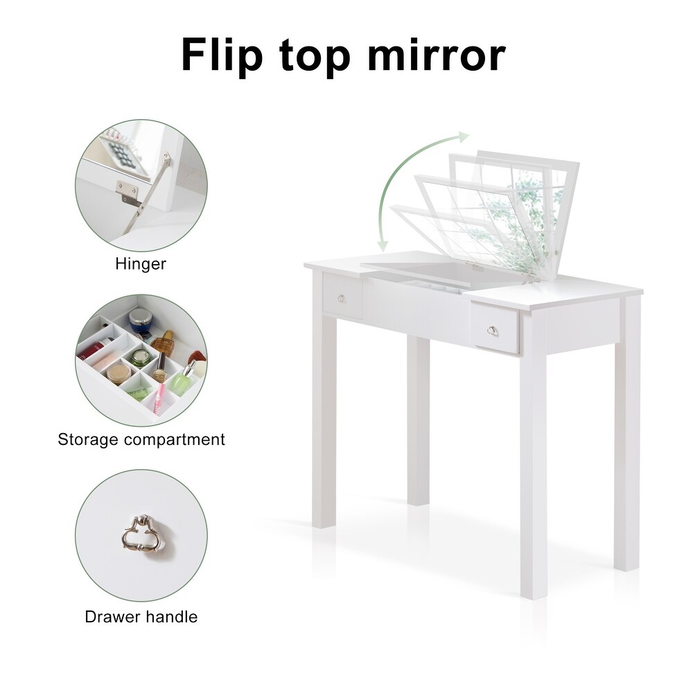 Accent Vanity Table Set with Flip Top Mirror  2 Small Drawers and Stool  Bedroom Storage Compartment Makeup Vanity