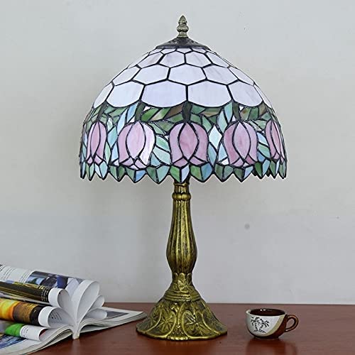 SHADY Tiffany Lamp Stained Glass Lamp Pink Tulip Bedroom Table lamp Reading Desk Light for Bedside Living Room Office Dormitory Dining Room Decorate Housewarming  12X12X18 Include Light B