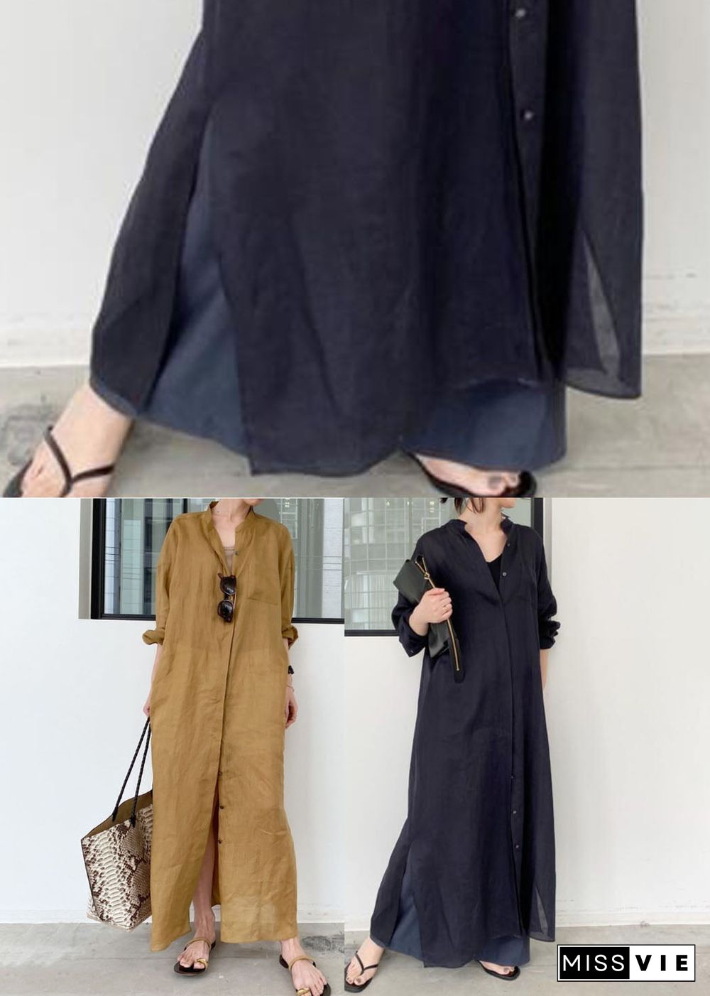 French Black Oversized Side Open Linen Shirt Dresses Spring