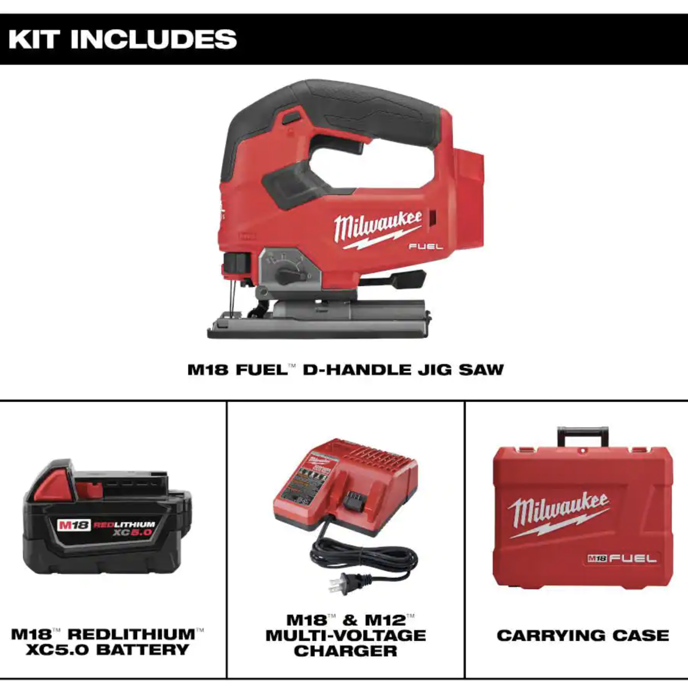 Milwaukee M18 FUEL 18-Volt Lithium-Ion Brushless Cordless Jig Saw Kit with 5.0Ah Battery， Charger and Case (2737-21)