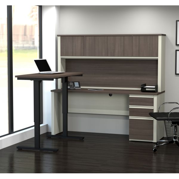 Bestar Prestige + L-Desk with Hutch including Electric Height Adjustable Table in White Chocolate and Antigua