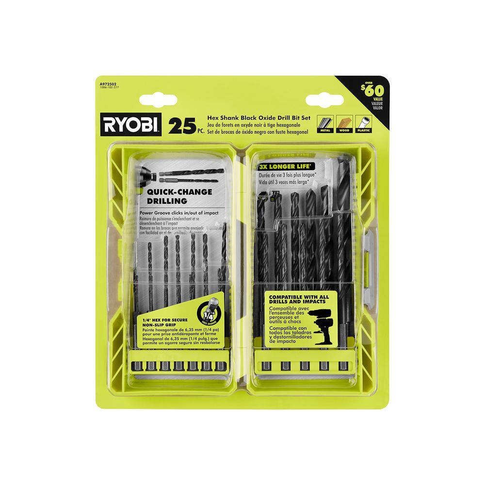 RYOBI Black Oxide Hex Shank Twist Drill Bit Set (25-Piece) A972502