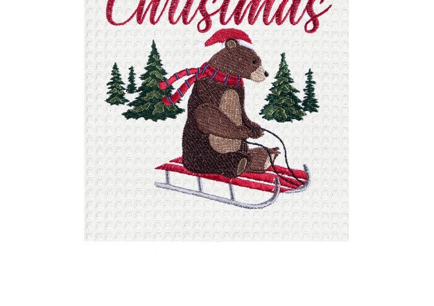 X 18 quot Christmas Holidy quot beary Christmas quot Sentiment Featuring Brown Bear On Sled Cotton Waffle Weave Kitchen Dish Towel