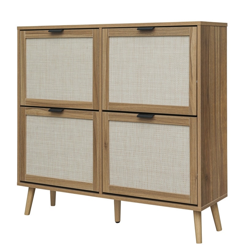 Freestanding Modern Shoe Storage with 4 Rattan Doors