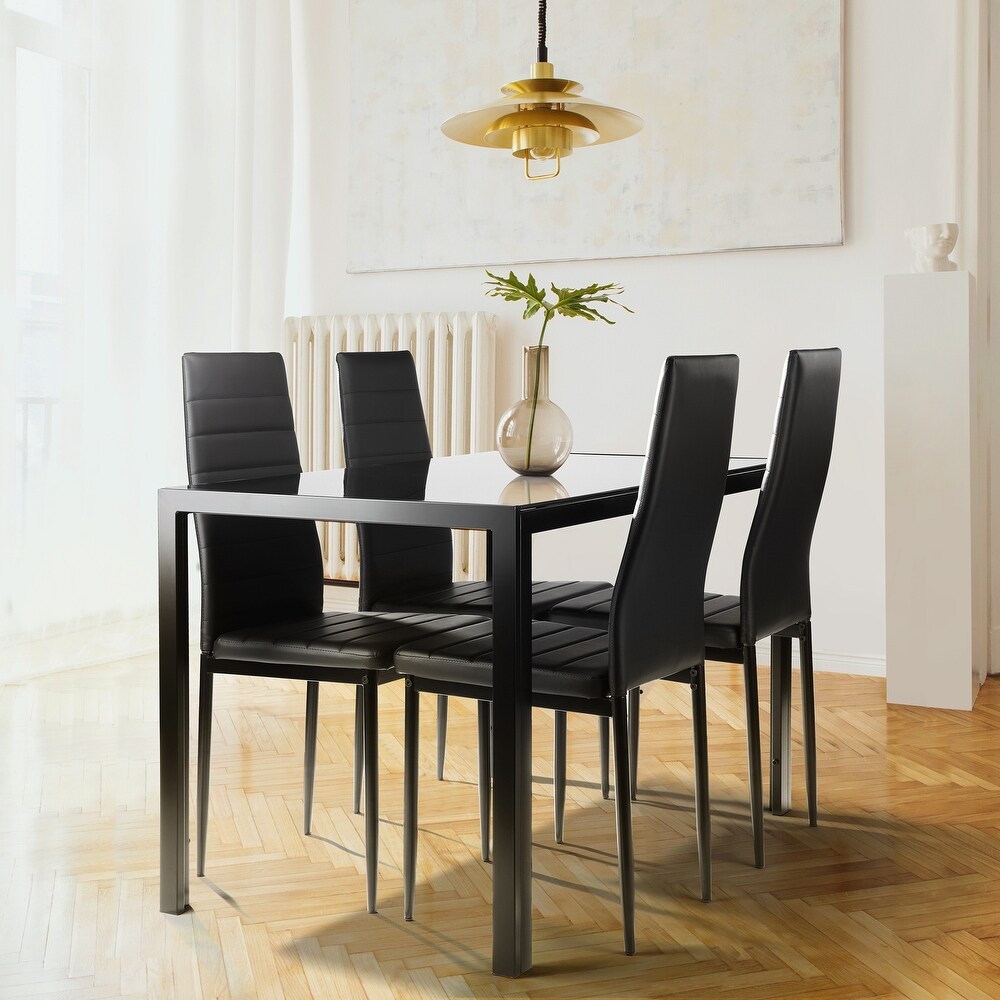 5 Pieces Dining Set with Rectangular Glass Table   Faux Leather Chairs