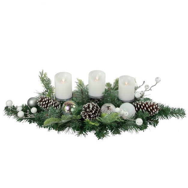 Green Pine Triple Candle Holder With Berries And Iridescent Christmas Ornaments