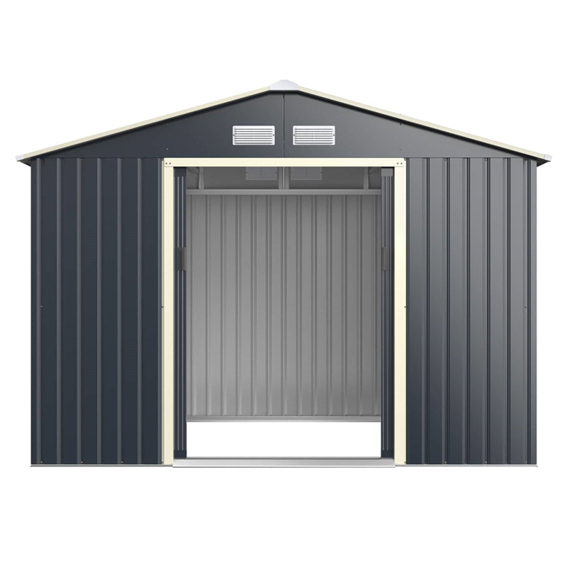 9 x 6 FT Outdoor Metal Storage Shed with 4 Air Vents & Sliding Double Lockable Doors, Backyard Tool Shed Garden Storage House