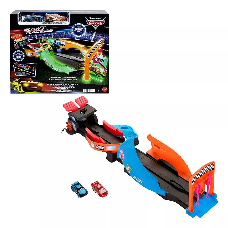 Mattel Disney / Pixar's Cars Glow Racers Launch and Criss-Cross Playset with 2 Glow-in-the-Dark Vehicles