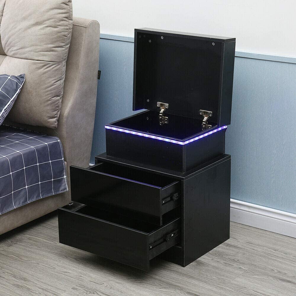 Modern Night Stand with LED Light, 2 Drawer Storage End Table Bedroom Storage Bedside Black