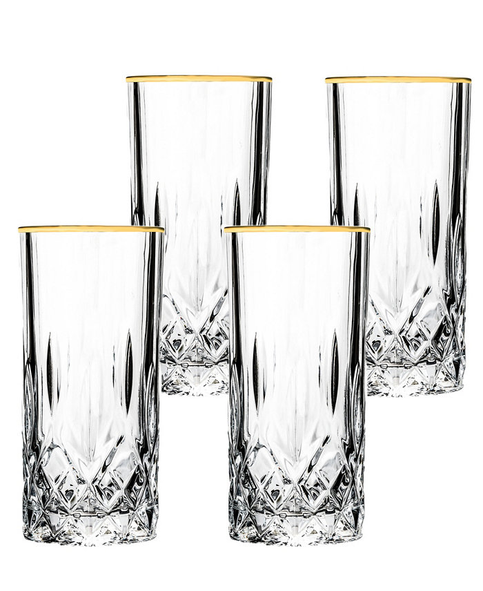 Lorren Home Trends Opera Gold Collection 4 Piece Crystal High Ball Glass with Gold Rim Set