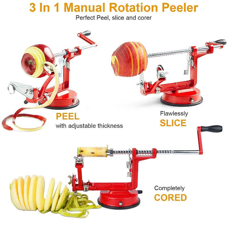 3-in-1 Stainless Steel Hand-cranking Apple Peeler Slicer - Red