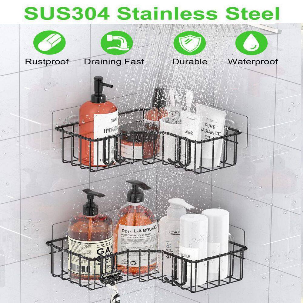 Dracelo 2-Pack Black Adhesive Stainless Steel Bathroom Corner Shower Caddy Shelf with Hooks B095P34T23