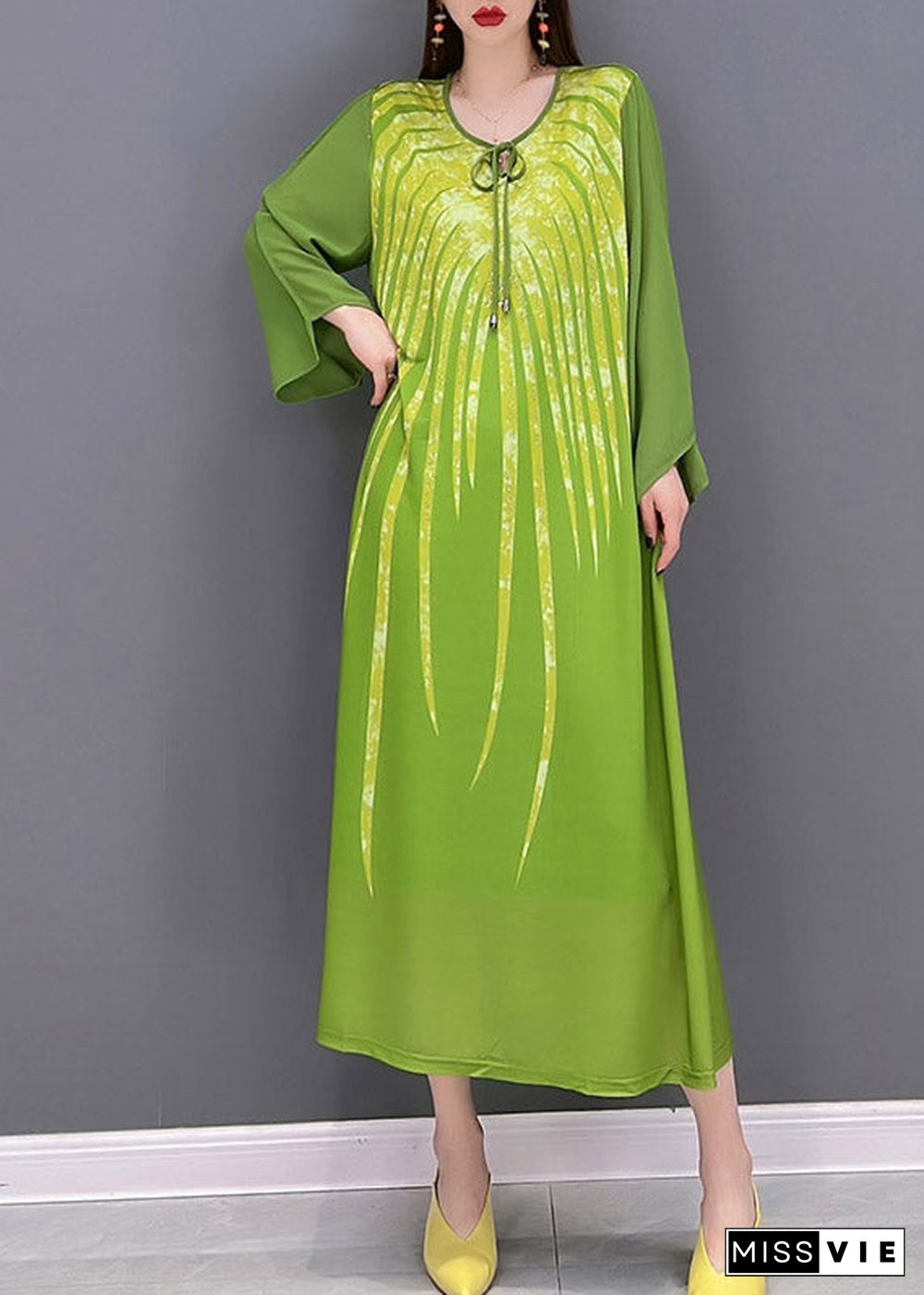 Green Chiffon vacation Dress Appliques Lace Up Long Sleeve