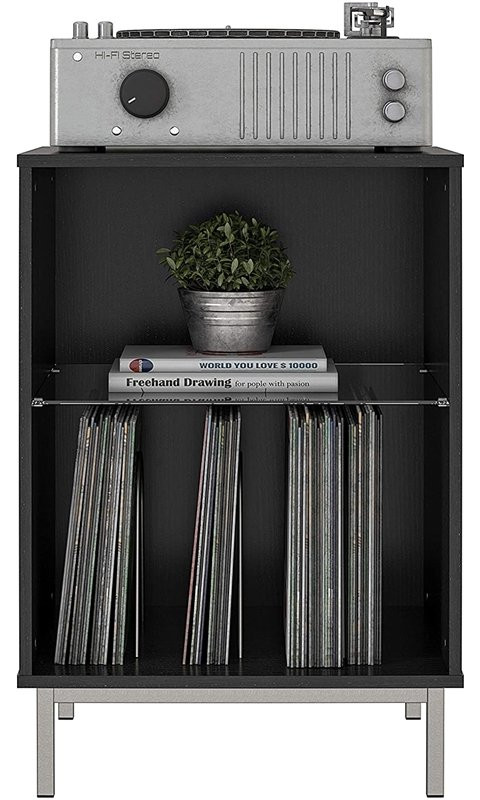 Pemberly Row Mid Century Turntable Stand in Black Oak Finish   Contemporary   Media Cabinets   by Homesquare  Houzz