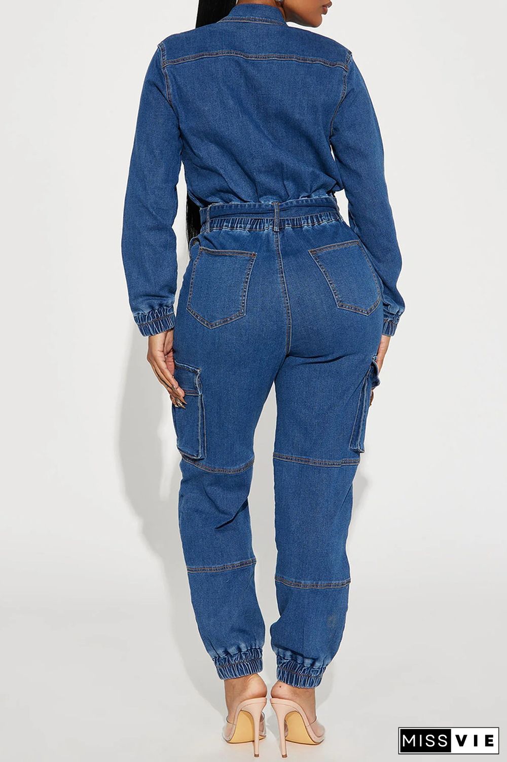 Street Solid Bandage Patchwork Pocket Buckle Turndown Collar Long Sleeve Regular Denim Jumpsuits