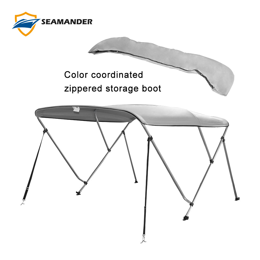 Seamander 3 Bow Bimini Top Boat Cover with Rear Support Pole and Storage Boot， Gray