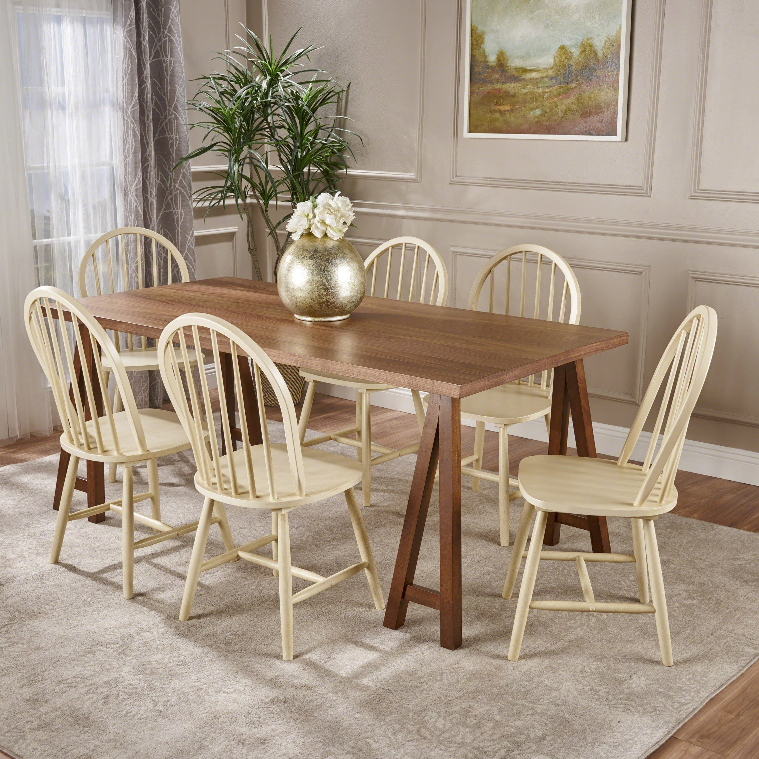 Angela Farmhouse Cottage 7 Piece Faux Wood Dining Set with Rubberwood Chairs, Antique White