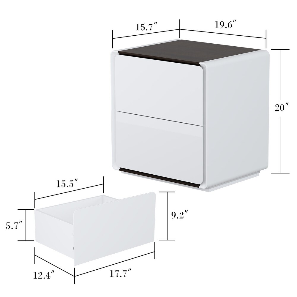 White Modern LED Nightstand High Gloss Bedside Tables with 2 Drawers