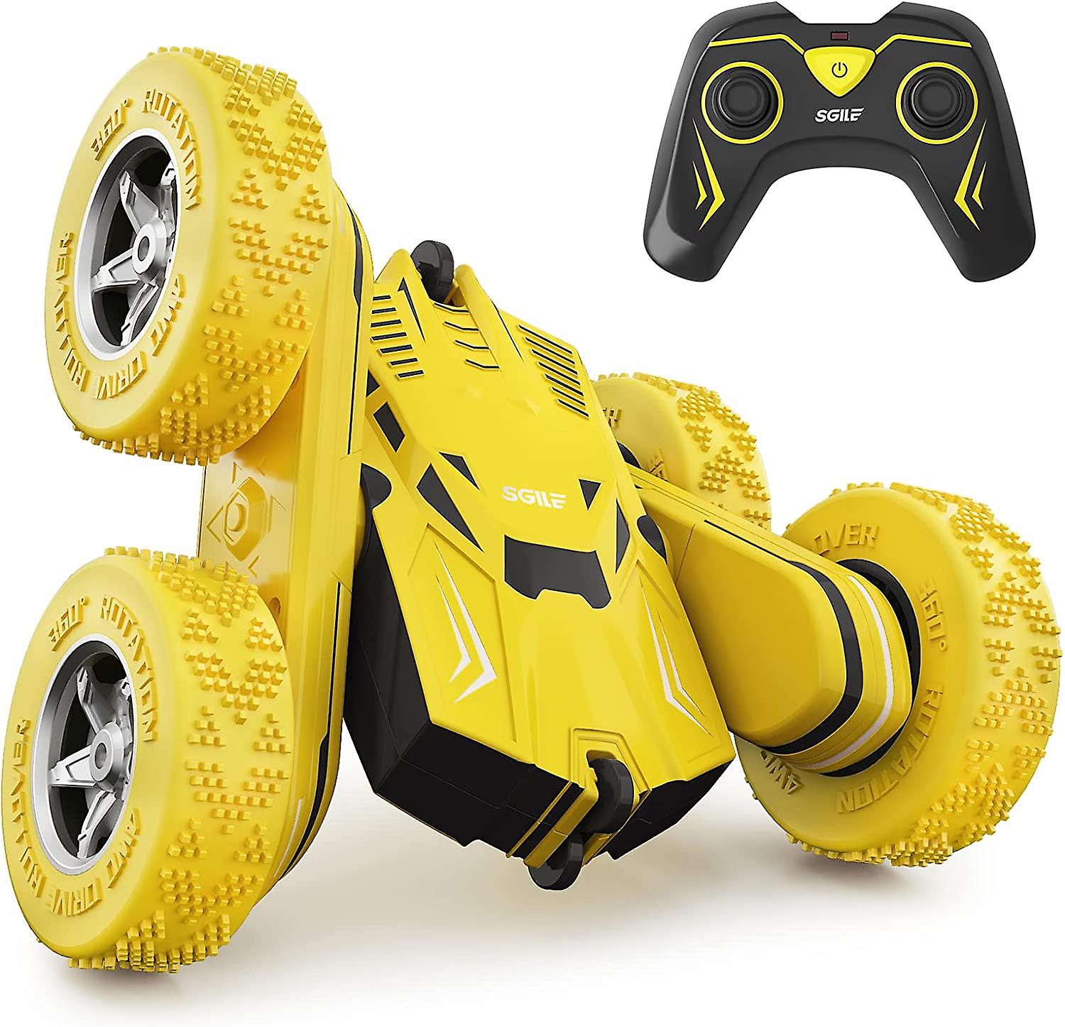 Rc Stunt Car Toy， Direct Charge Remote Control Car With 2 Sided 360 Rotation For Boy Kids Girl， Yellow