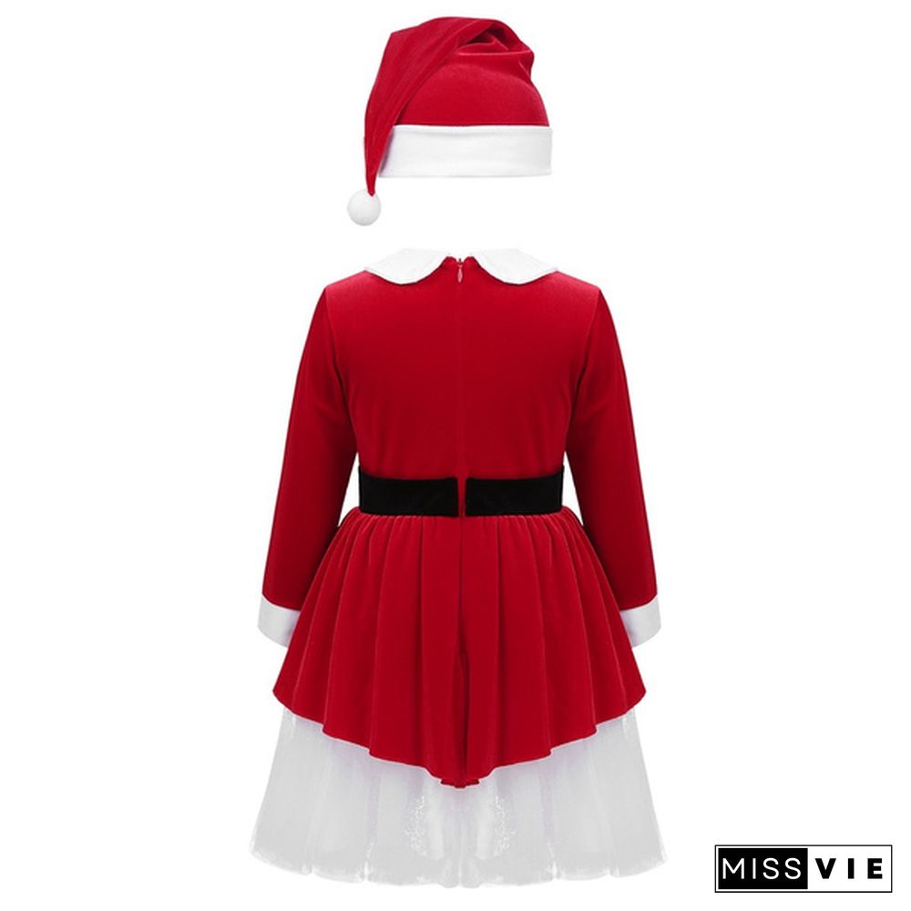 Girls Themed Party Christmas Costume Dress with Hats Kids' 2Pcs Xmas Carnival Santa Claus Performance Outfits