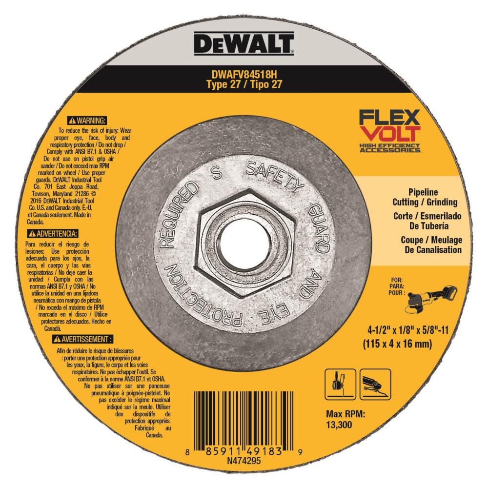 DW FLEXVOLT 4-1/2 In. x 1/8 In. x 5/8 In. to 11 T27 Cutting and Grinding Wheel DWAFV84518H from DW