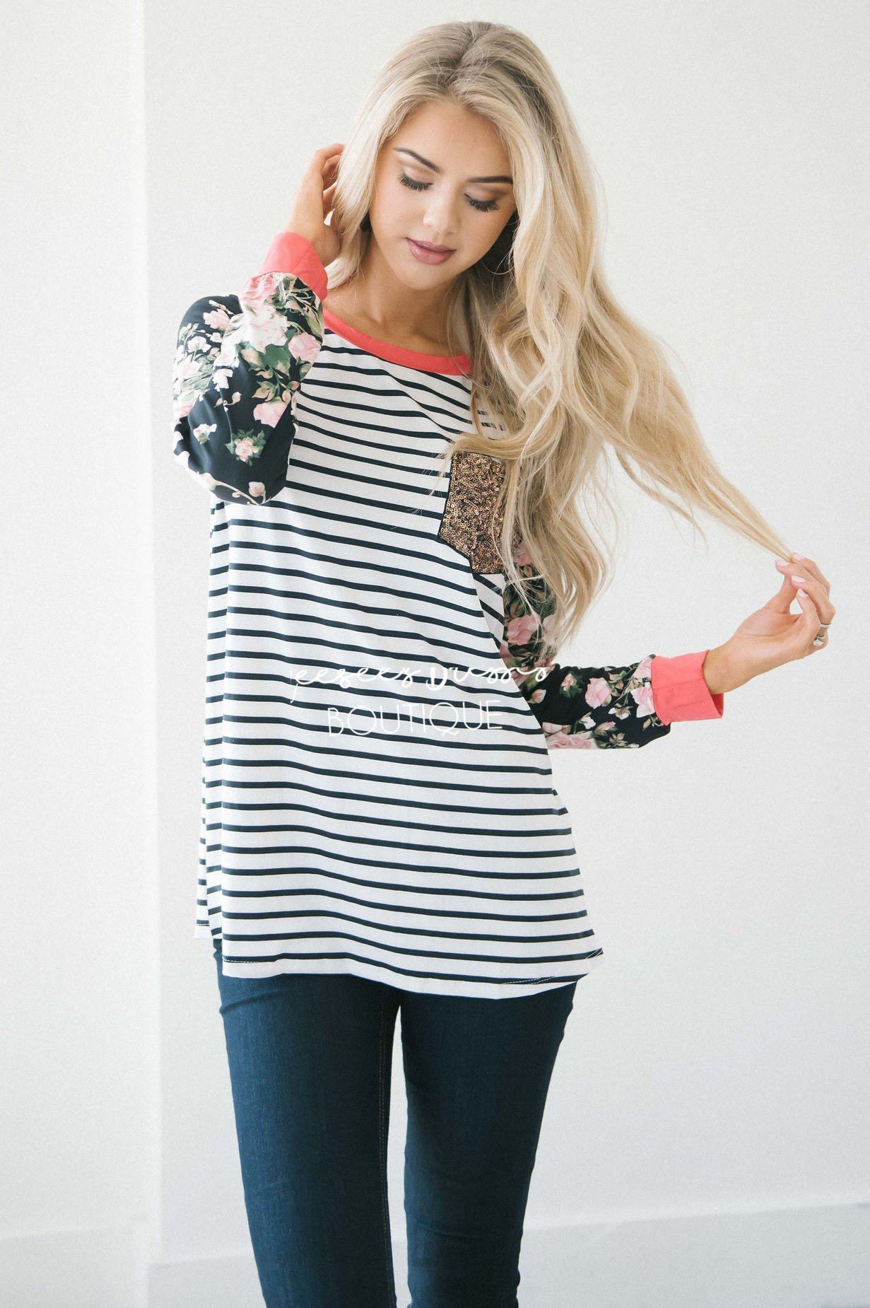 Sequin Pocket Striped Floral Sleeve Top