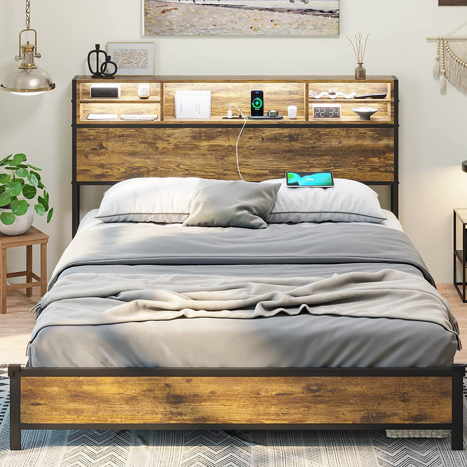 LED Bed Frame with Charging Station and Storage Headboard,Full Size Metal Platform Bed with LED Lights, Rustic Brown