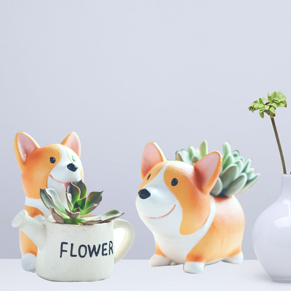 2pcs Resin Corgi Flower Pots Succulent Planter Nursery Pot Home Decoration for Garden Balcony Random Style