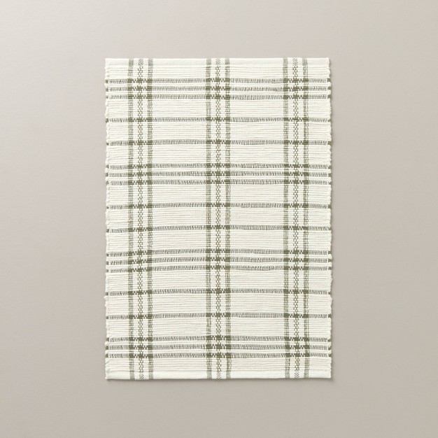 Tri stripe Plaid Handmade Woven Area Rug Green cream With Magnolia