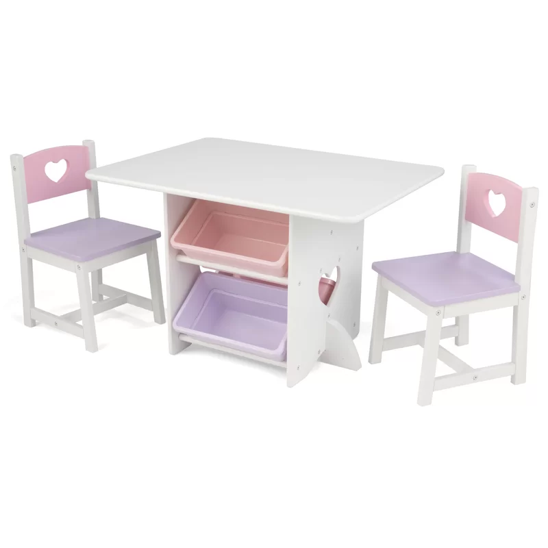 KidKraft Wooden Heart Table and Chair Set with 4 Storage Bins， Children's Furniture – Pink， Purple and White， Gift for Ages 3-8