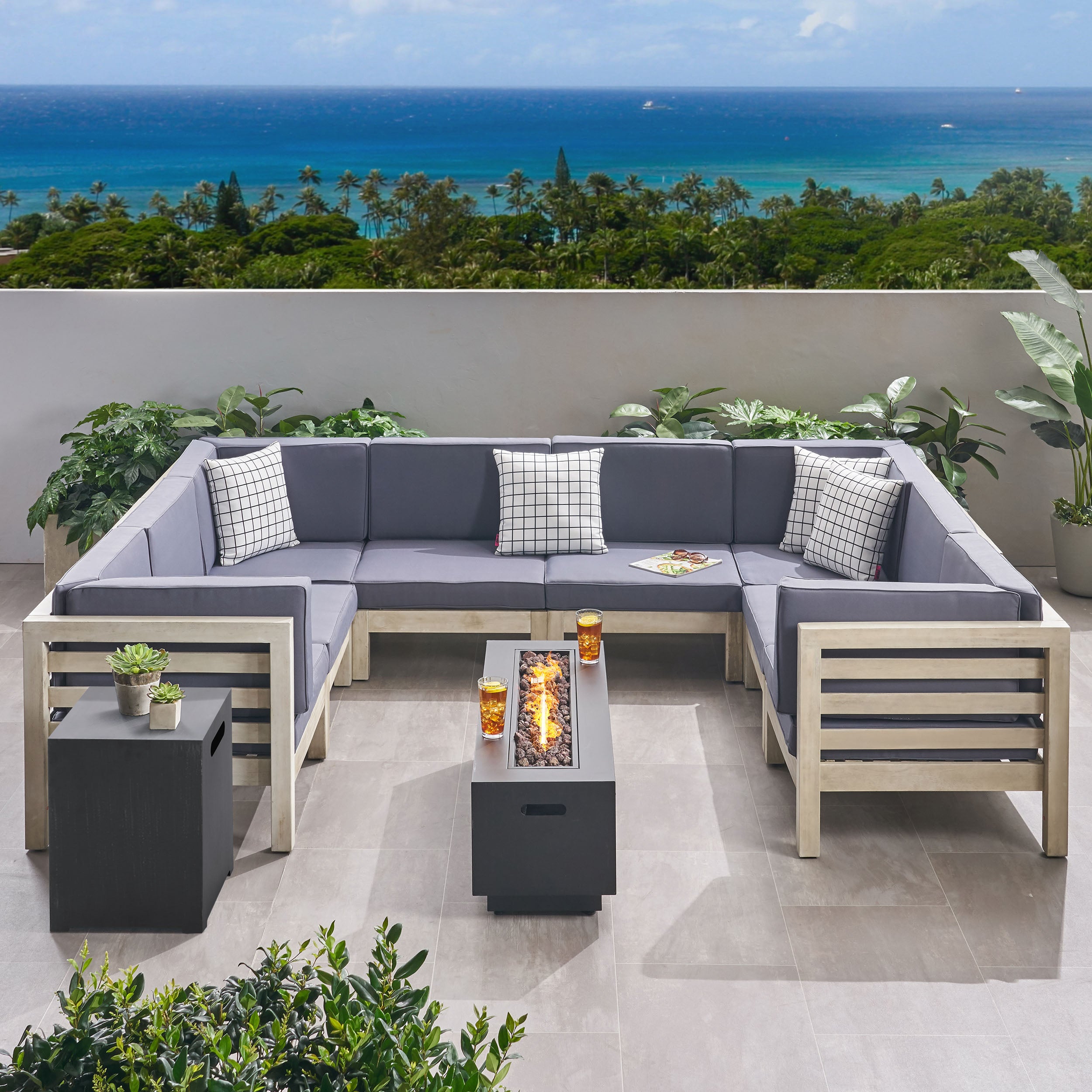 Krystin Outdoor U-Shaped Sectional Sofa Set with Fire Pit