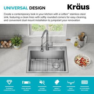 KRAUS Loften Stainless Steel 25 in. 1-Hole Single Bowl Drop-in  Undermount Kitchen Sink with Accessories KHT411-25