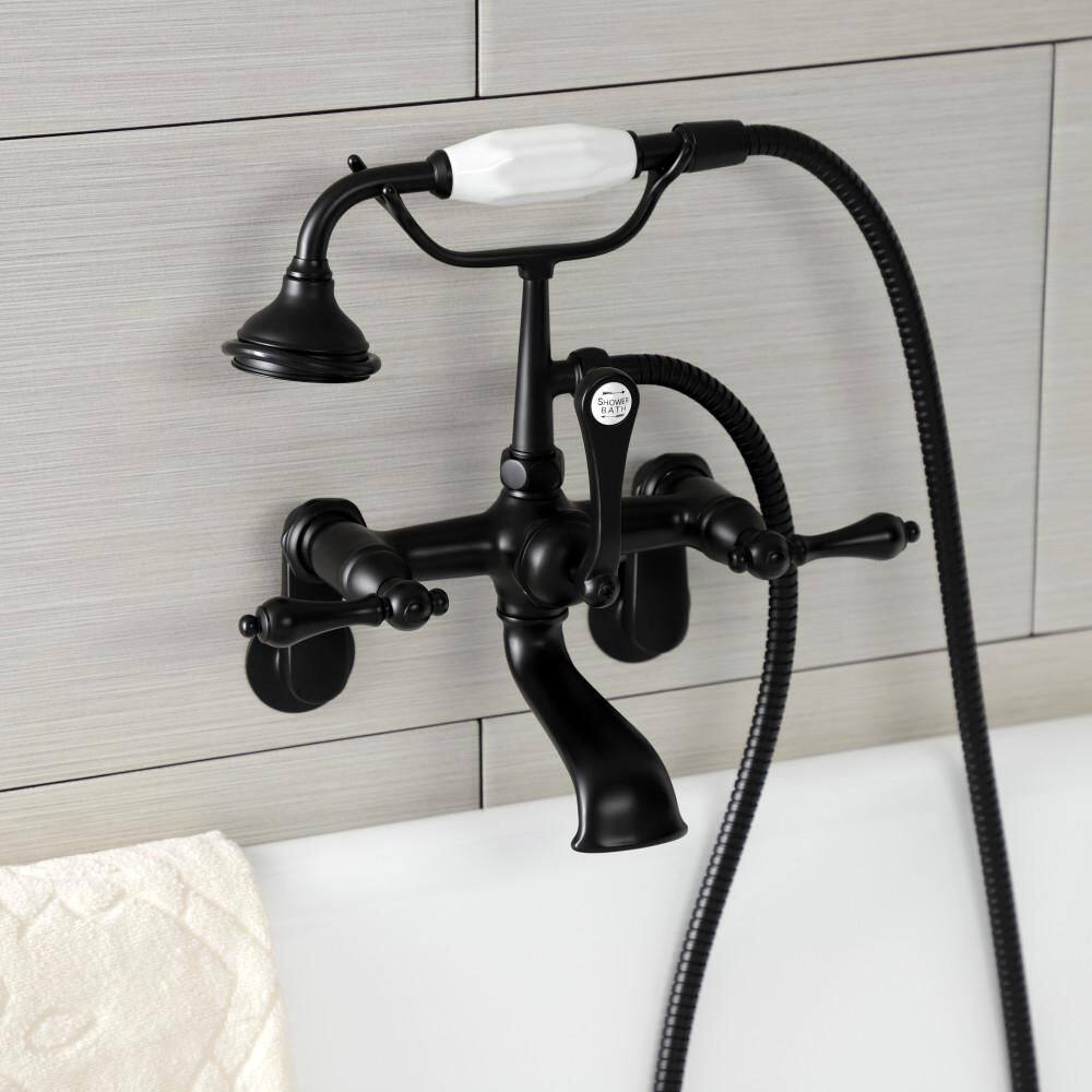 Kingston Brass Aqua Vintage 3-Handle Wall-Mount Clawfoot Tub Faucets with Hand Shower in Matte Black HAE51T0