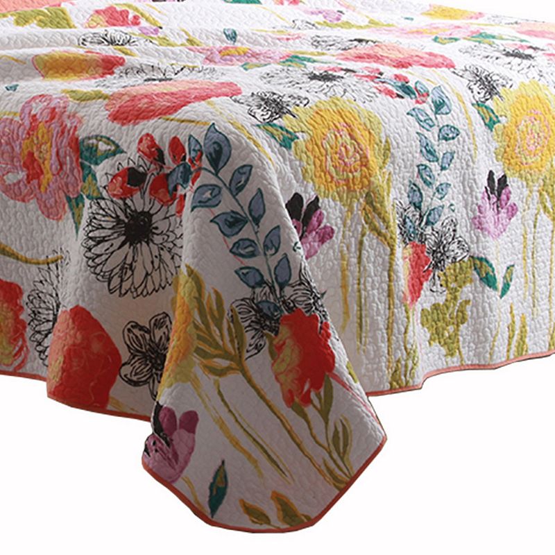 3 Piece Cotton Full Size Quilt Set with Stencil Flower Print， Multicolor