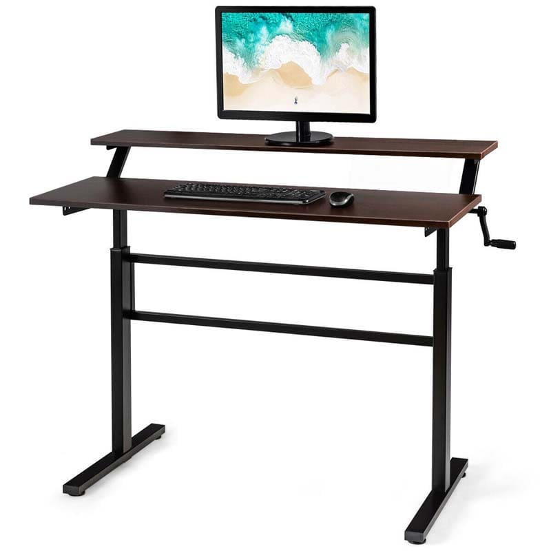 2-Tier Standing Desk, Height Adjustable Sit Stand Up Desk, Computer Desk Workstation with Monitor Stand & Foldable Crank Handle