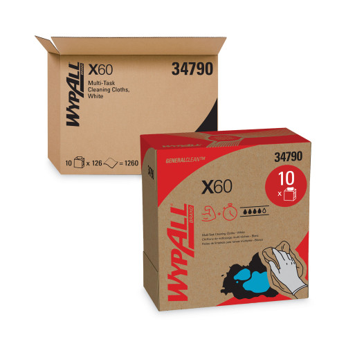 WypAll General Clean X60 Cloths， POP-UP Box， 9.1 x 16.8， White， 126/Box， 10 Boxes/Carton (34790CT)