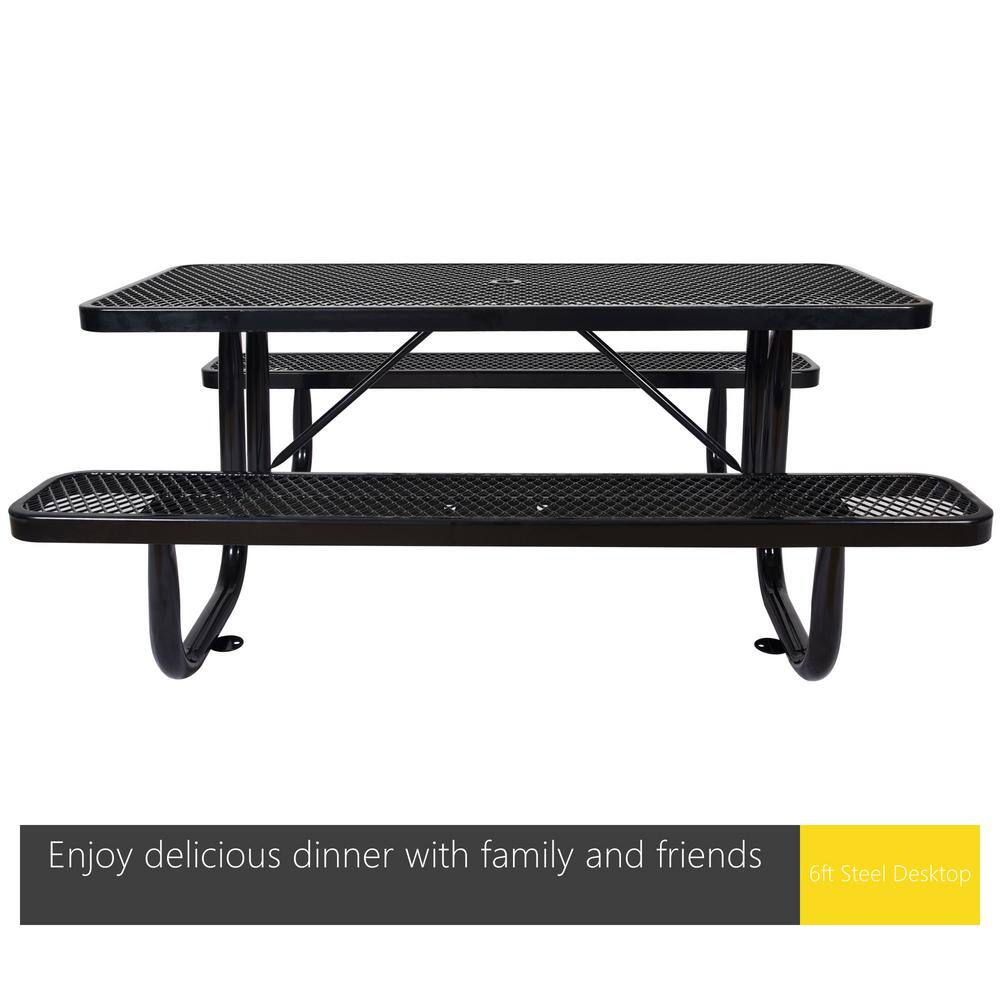 Afoxsos 6 ft. Black Rectangular Outdoor Steel Picnic Table Outdoor Dining Table with Umbrella Pole DJMX995