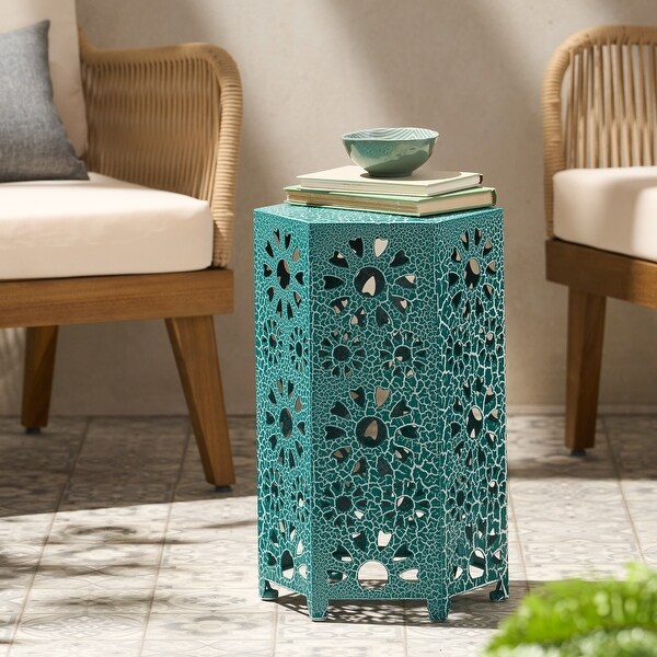 12 Inch Side Table with a Floral Pattern and Hollow Framework