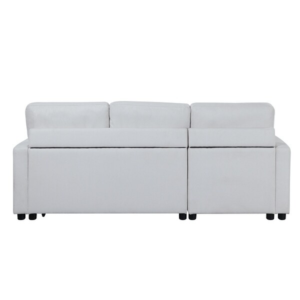 White Fabric Wooden Sleeper Sectional Sofa with Storage， Loveseat with Pull-Out Bed， Reversible， Plastic Legs