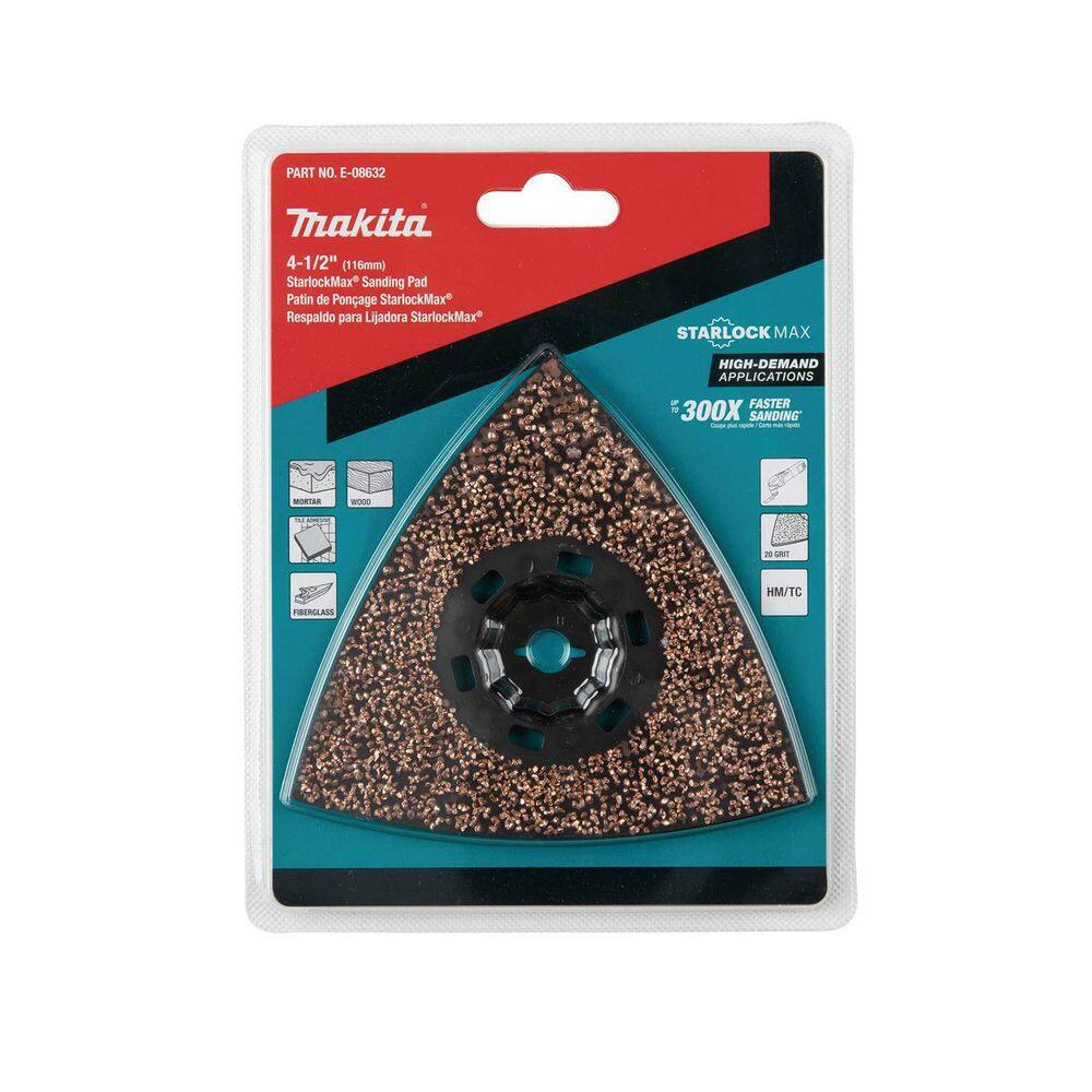 Makita StarlockMax Oscillating Multi-Tool 4-12 in. Tungsten Carbide 20 Grit Delta Triangle Sanding Pad E-08632