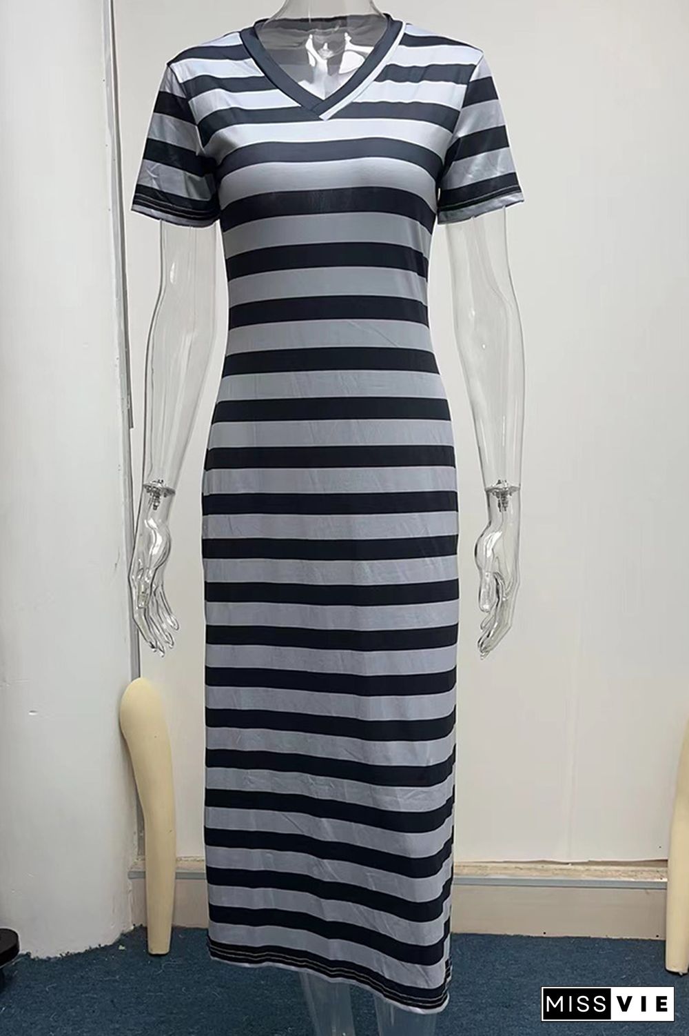 V Neck Split Stripes Dress