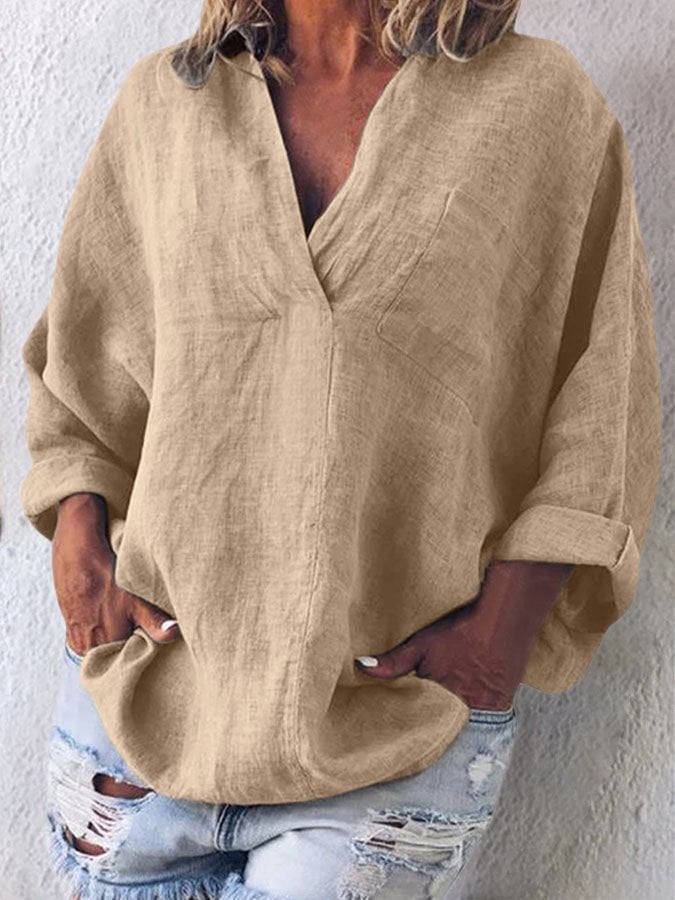 Solid Color V-Neck Long Sleeve Shirt