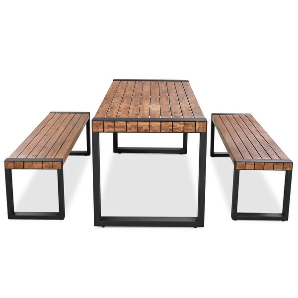 3Piece Acacia Outdoor Picnic Table Set With 2 Benches，With Acacia Wood Top and Steel Frame