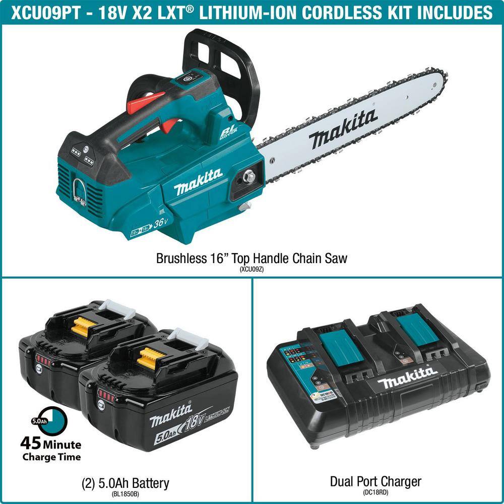 Makita LXT 16 in. 18V X2 (36V) Lithium-Ion Brushless Battery Top Handle Chain Saw Kit (5.0Ah) XCU09PT