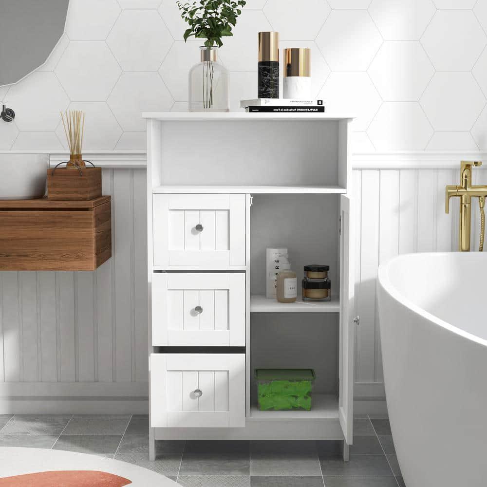 2362 in W x 118 in D x 3957 in H White Bathroom Wall Cabinet with 3 Drawers and 1 Door