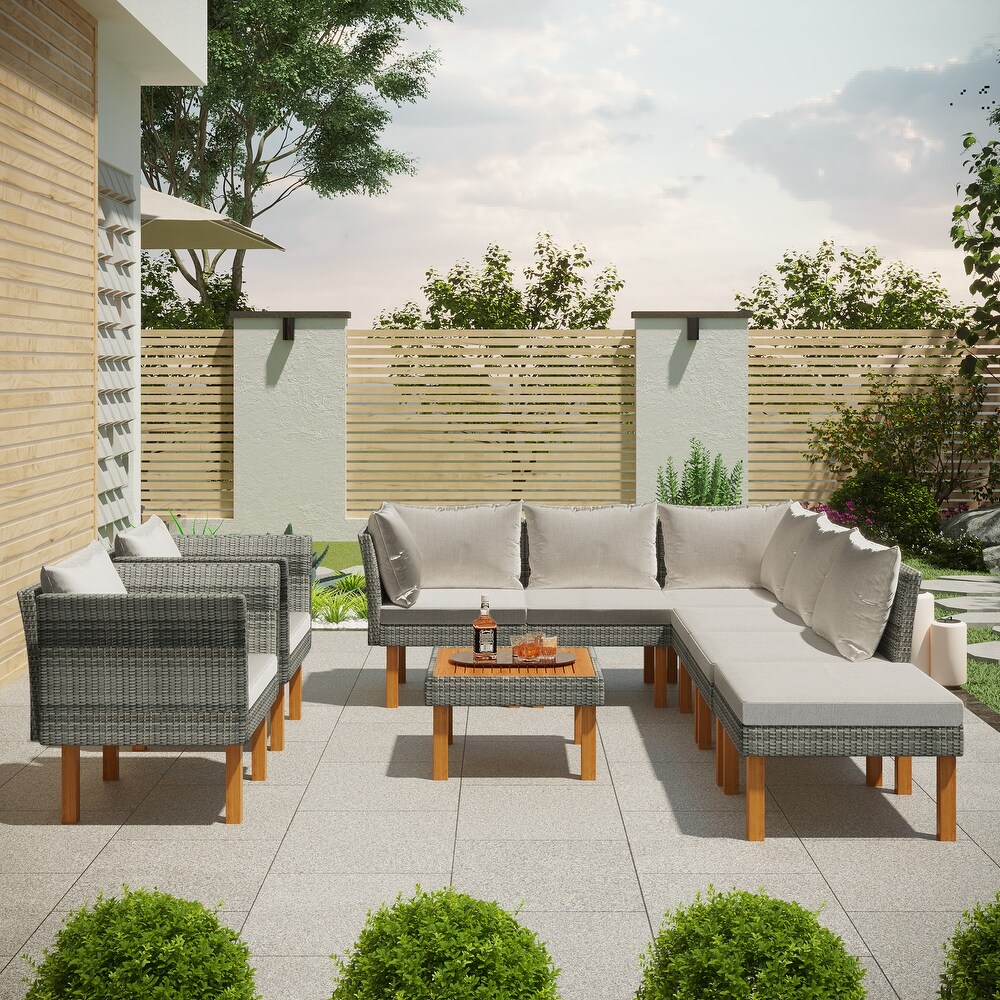 9 Piece Outdoor Patio Garden Wicker Sofa Set  Gray PE Rattan Sofa Set  with Wood Legs  Acacia Wood Tabletop  Armrest Chairs