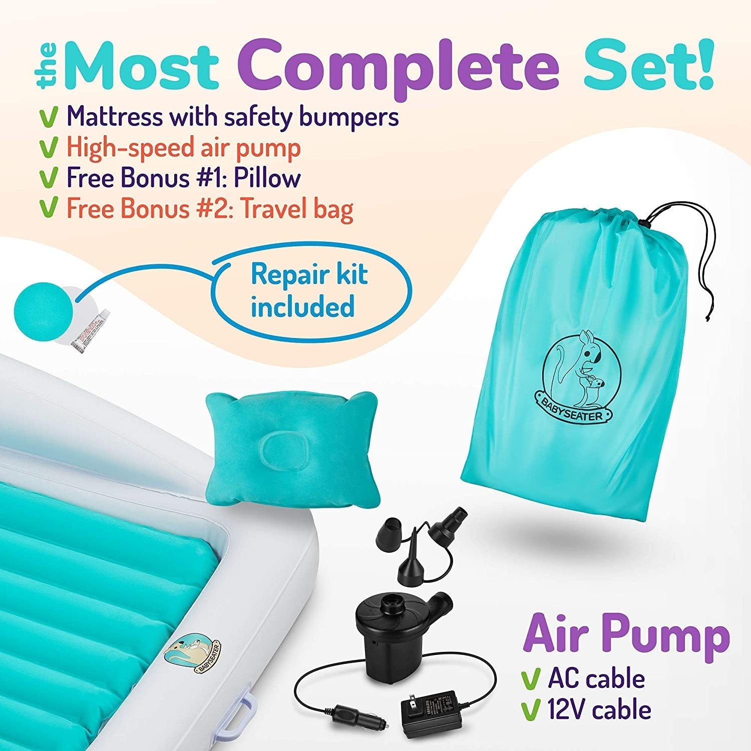 BABYSEATER  Toddler Air Mattress with Sides Includes Air Pump w/ pillow