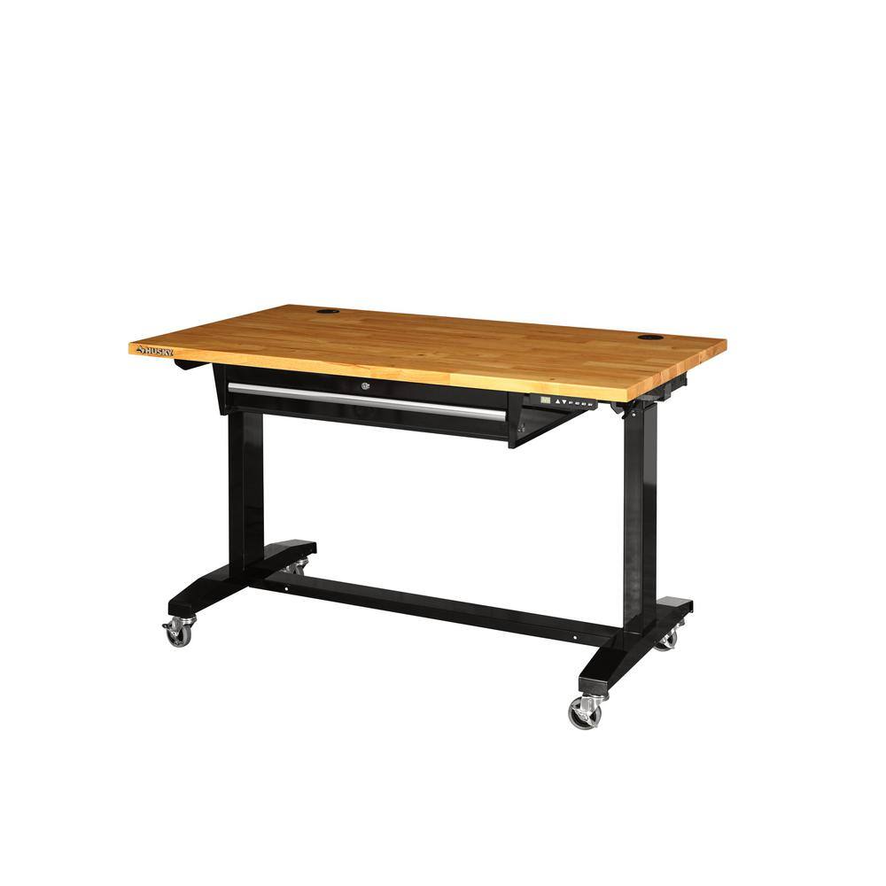 Husky 52 in.W x 30 in. D Steel 1-Drawer Power Adjustable Height Solid Wood Top Workbench Table in Black HOET5201B11XUS